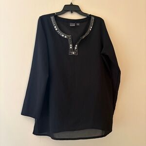 Covington Black Embellished Tunic Top L | Sheer Long Sleeve Blouse with Beading